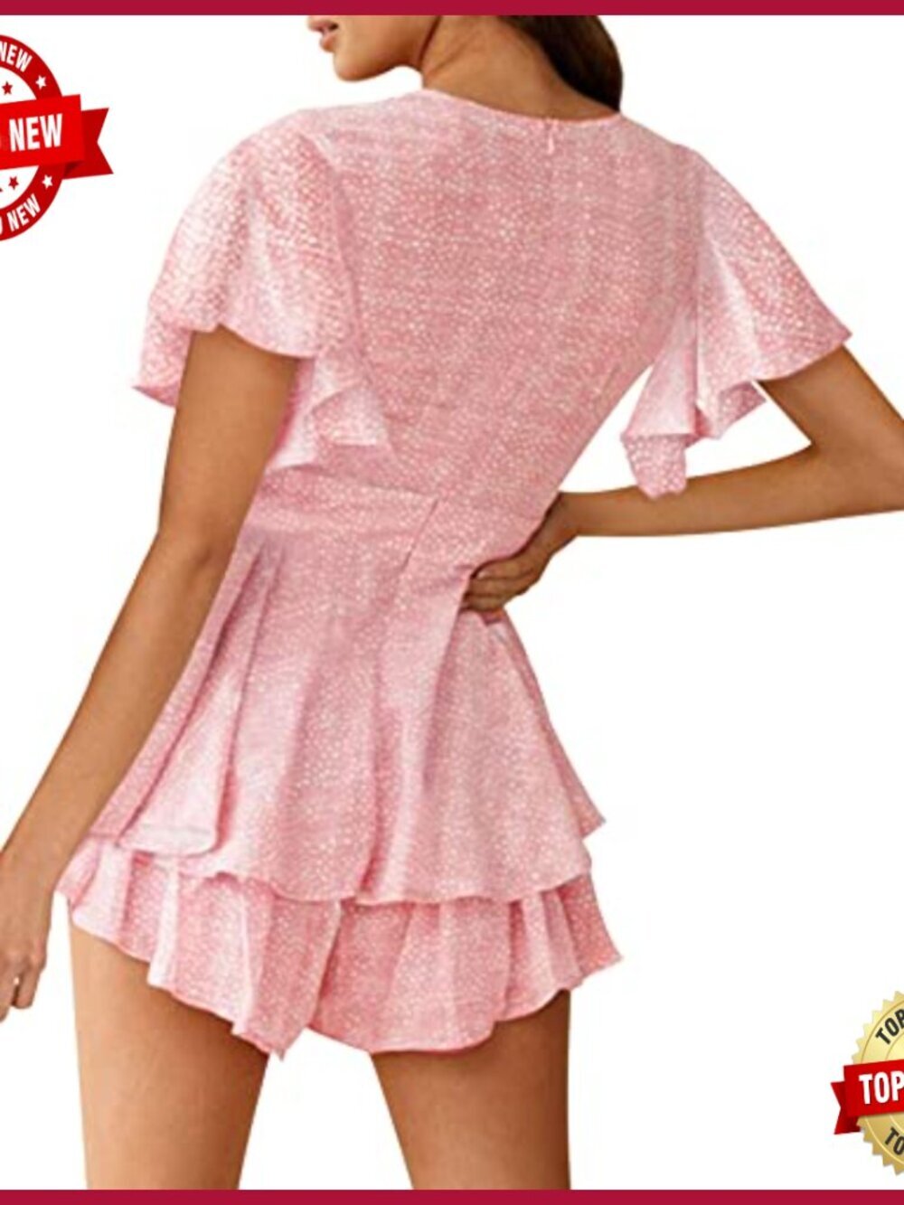 Large Floral Print Romper V-Neck Ruffle Hem Waist Tie Short Sleeve - Picture 2 of 4
